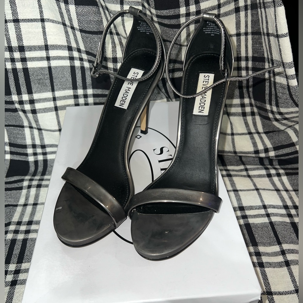 Steve Madden Metallic Pewter Ankle Strap Heels